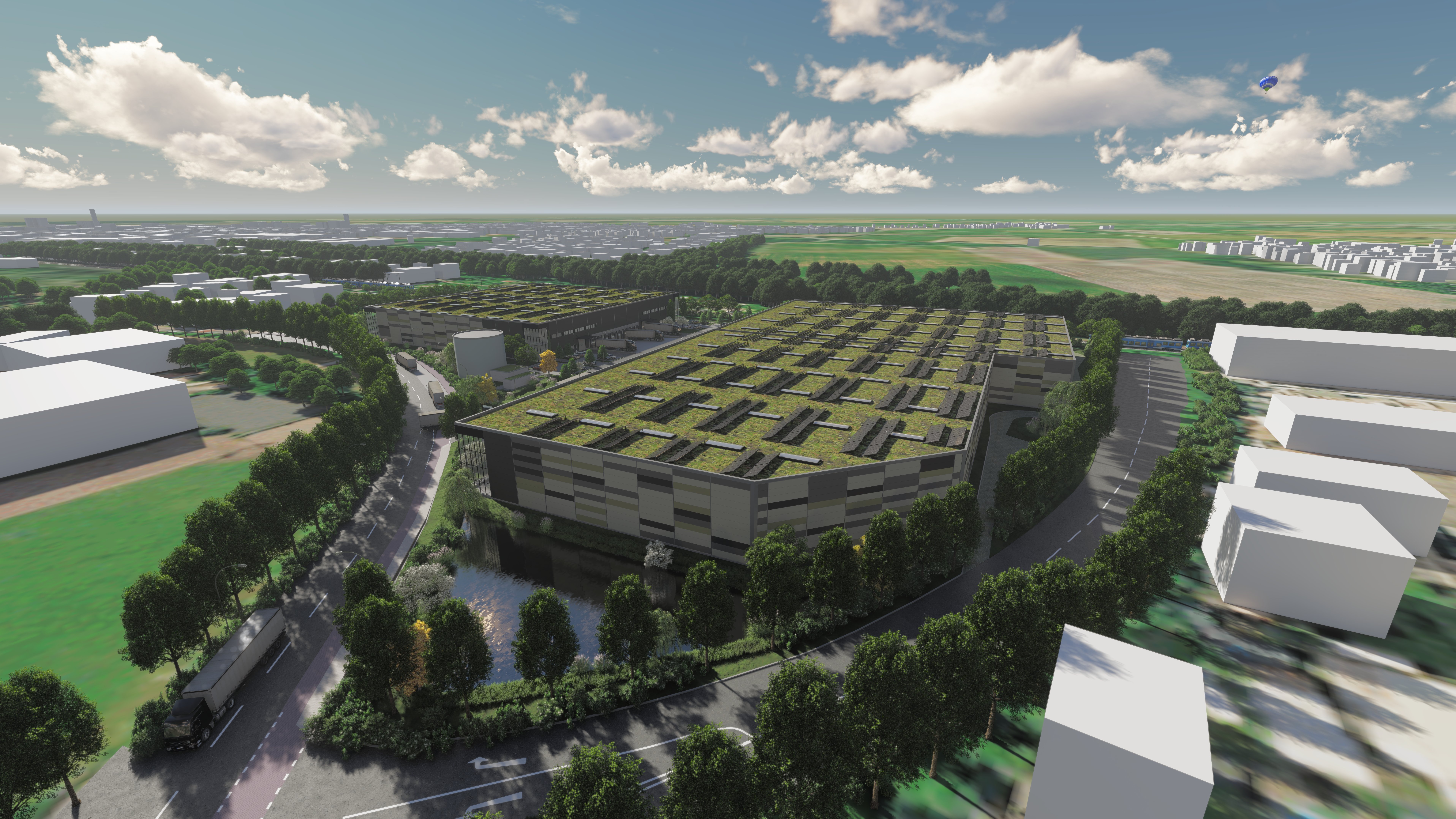 Moderne Industrieanlage mit begrünten Dächern, Konzeptbild